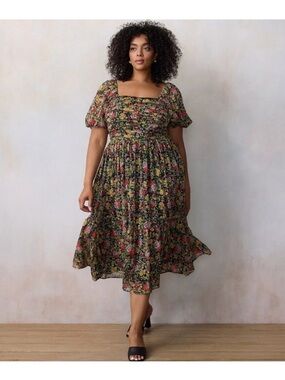 Lc Lauren Conrad Sheer Cottage Floral Smock Pleated Ruffle Puff Sleeve Mid Dress